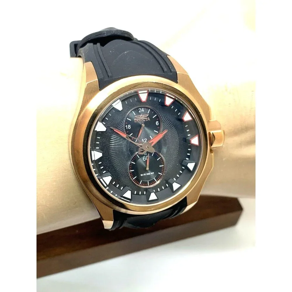 Invicta Men's Watch 38015 S1 Rally Quartz Black Dial Rose Gold Rubber Band 47mm